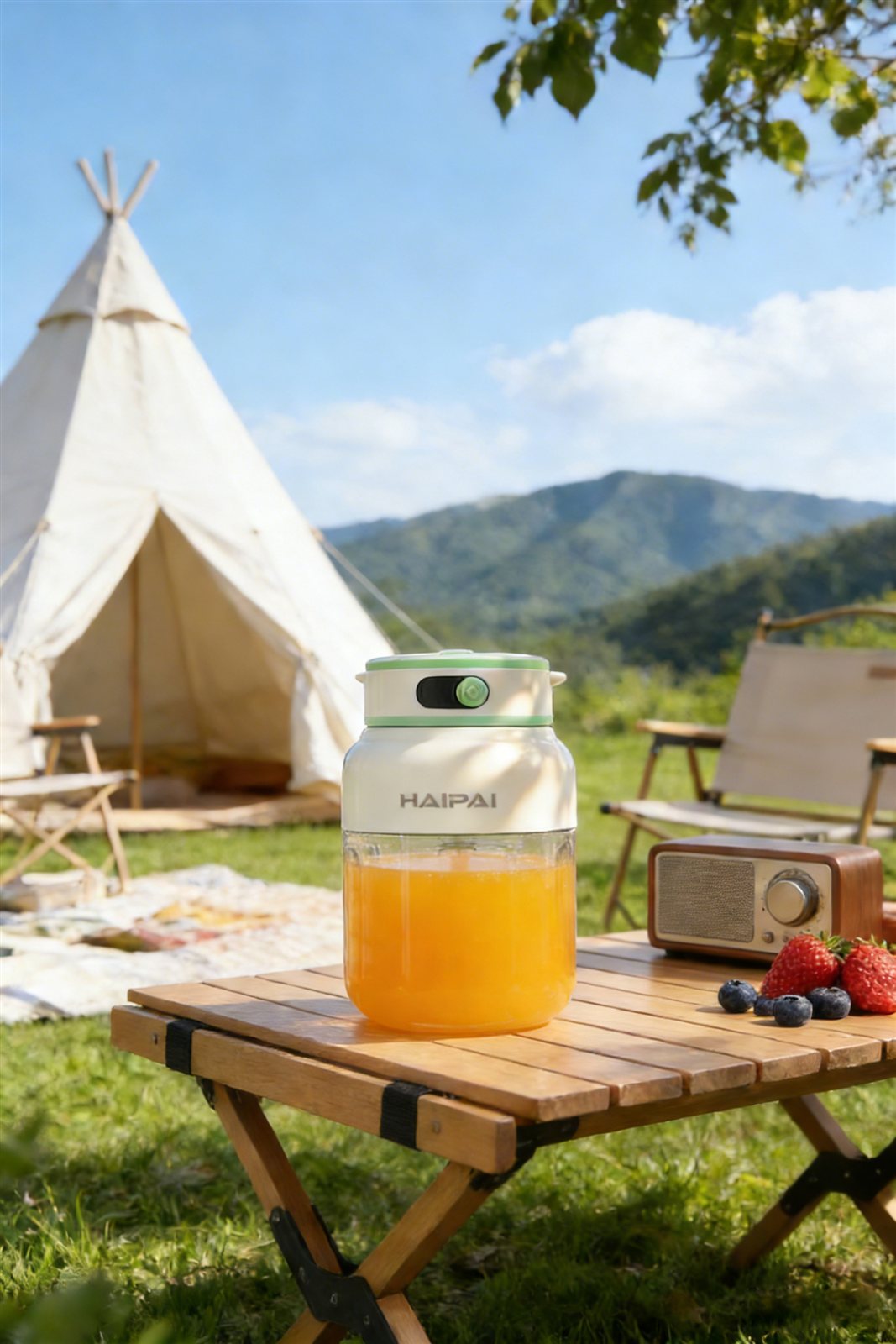 Portable juicer displayed outdoors